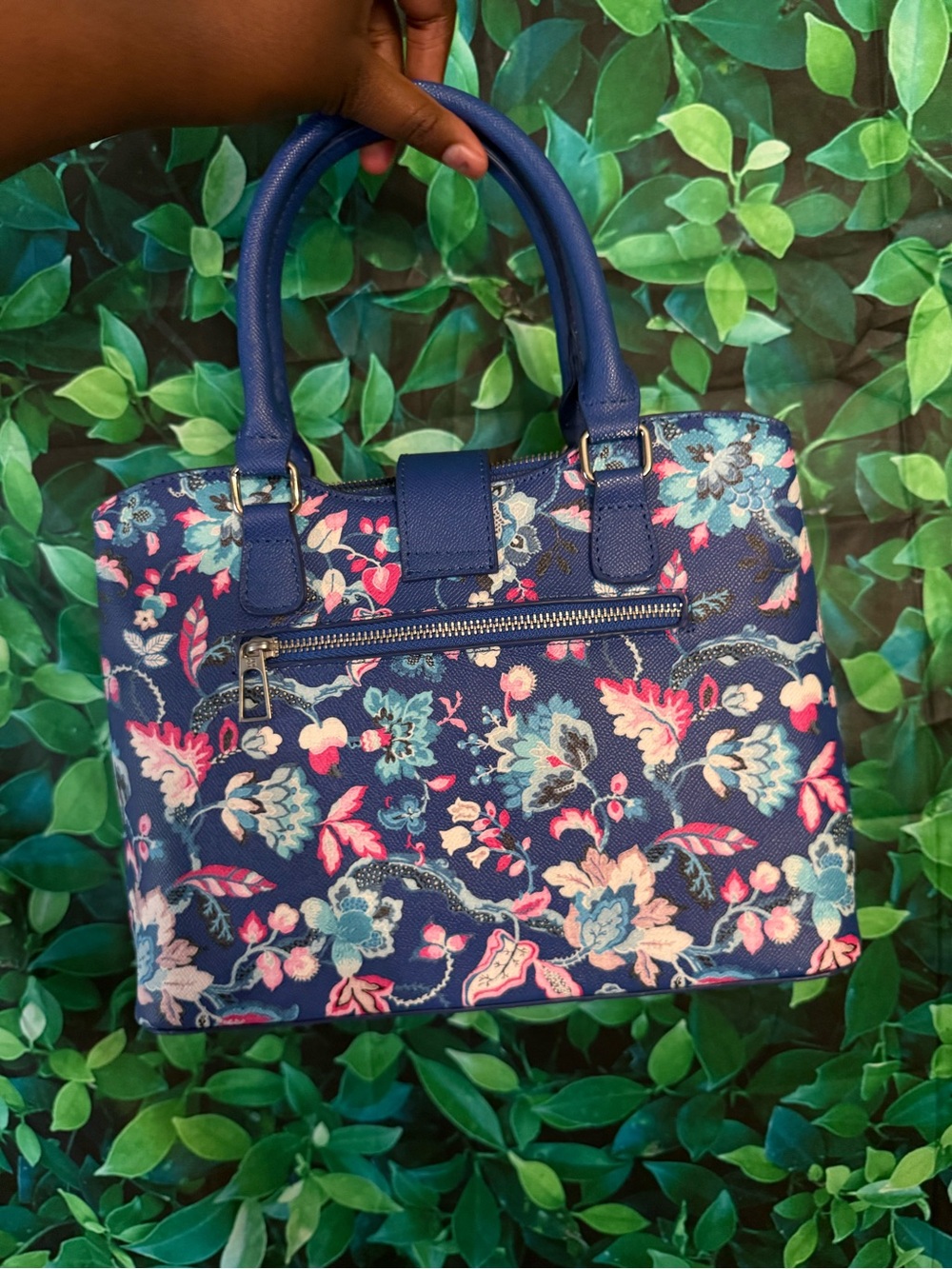 Navy Floral Tote Shoulder Bag with Top Handles